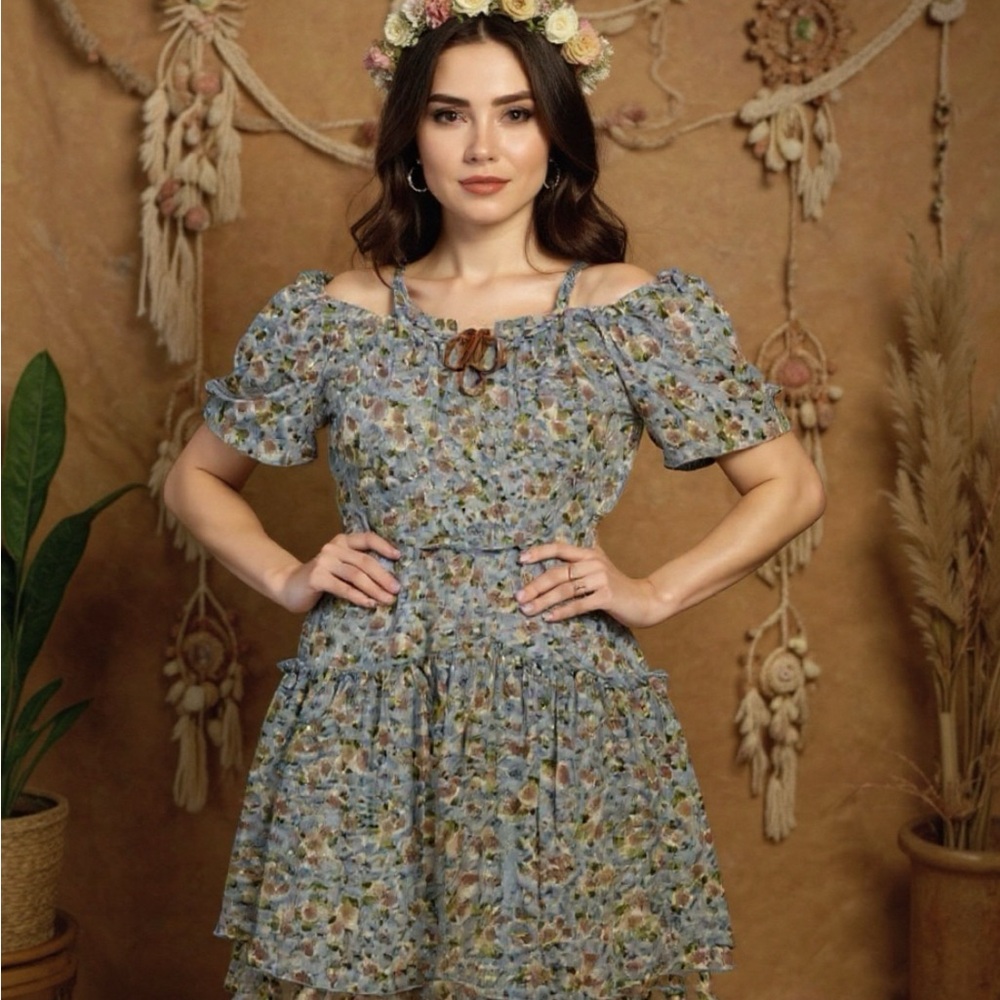 Blue Floral Cold Shoulder Bohemian Mini Dress